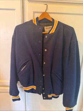 DeLong Varsity Bomber Jacket in Navy with Yellow & White Trim